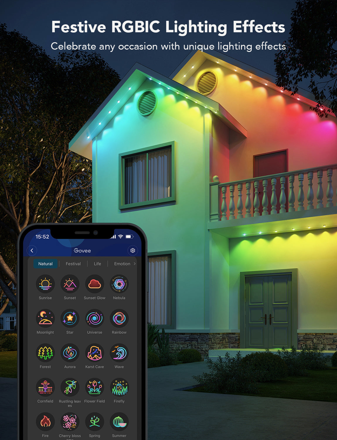 RGBIC roofline lighting effects controlled from a phone