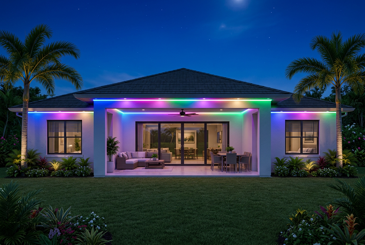 Back of a Florida home with multicolor permanent lights