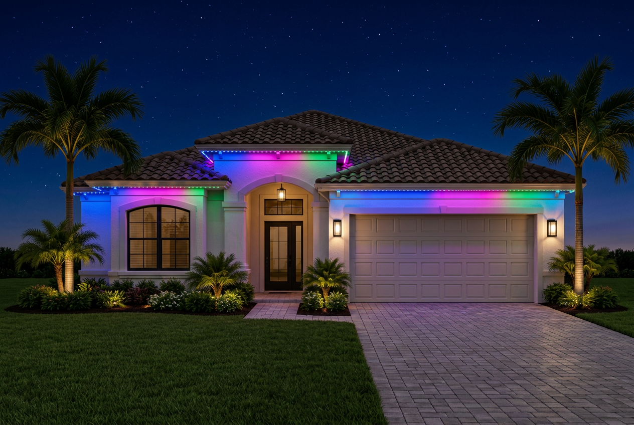 Front of a Florida home with multicolor permanent lights