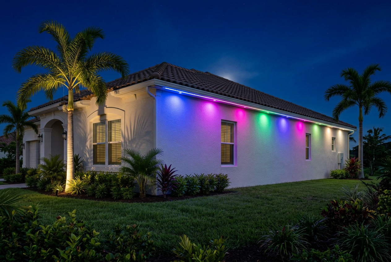 Sides of a Florida home with multicolor permanent lights