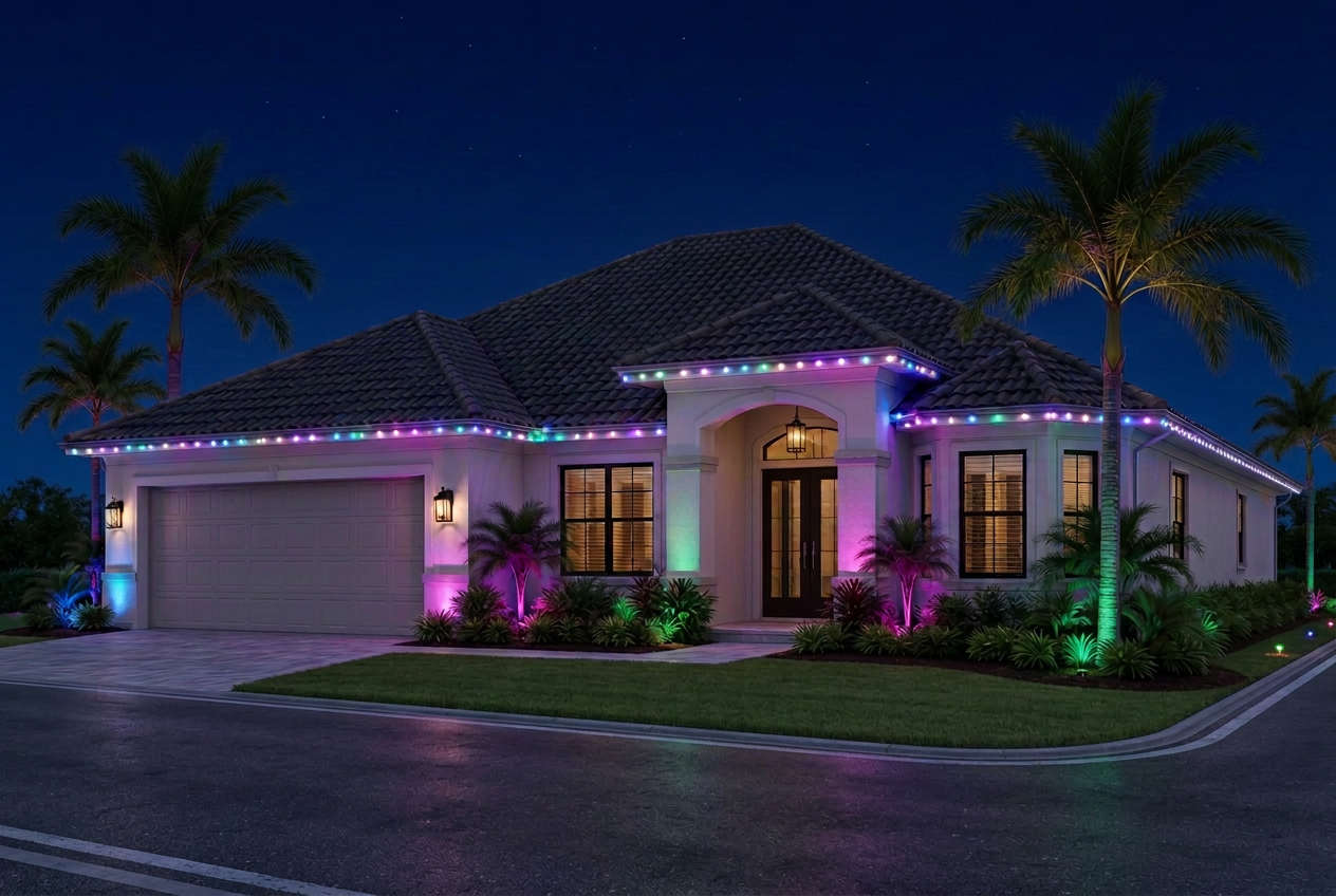 Whole House of a Florida home with multicolor permanent lights