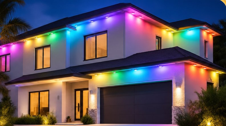 Two-story Florida home with colorful permanent smart lights under the soffit