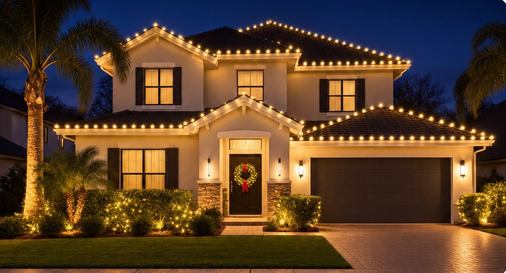 Two-story Florida home with warm white Christmas lights